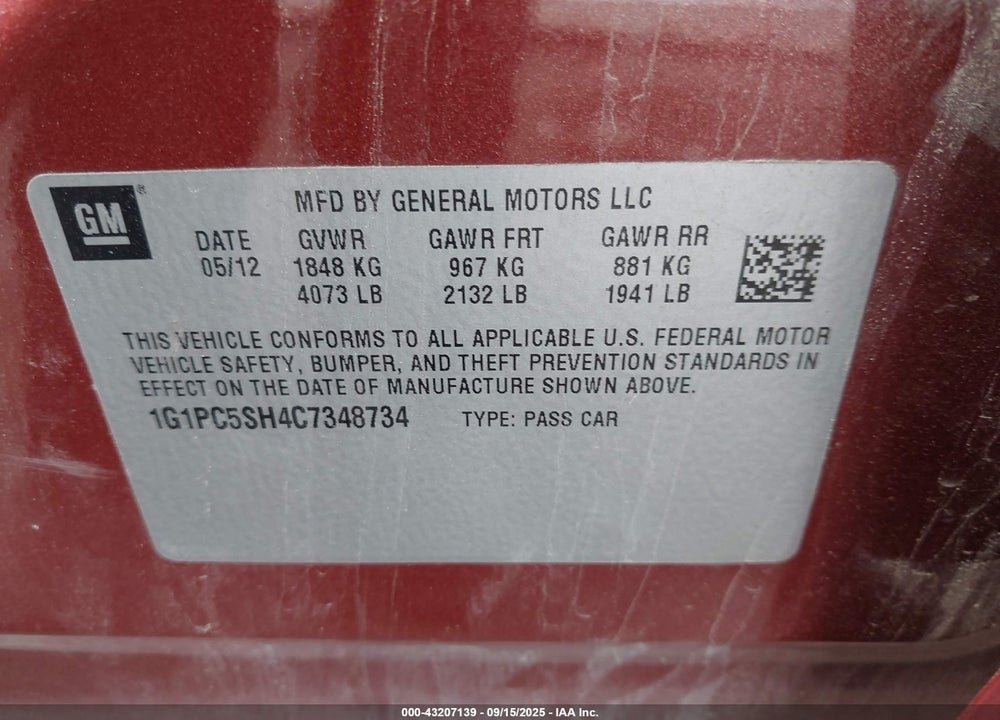 2012 CHEVROLET CRUZE VIN: 1G1PC5SH4C7348734