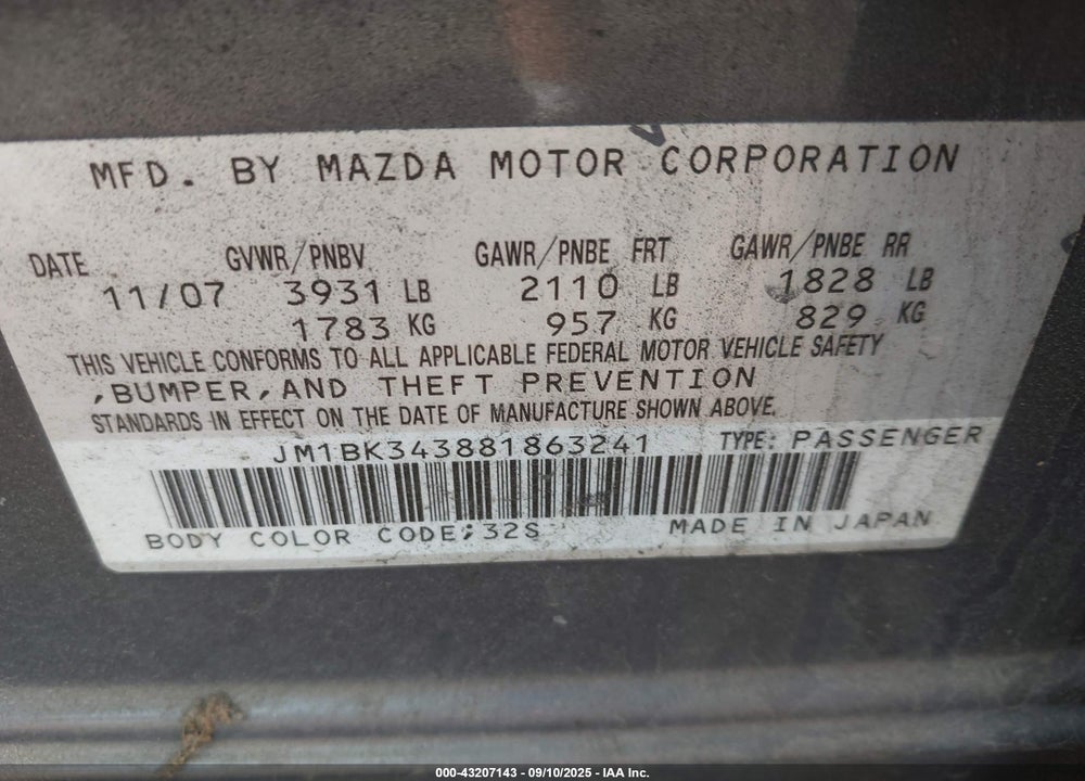2008 MAZDA 3 VIN: JM1BK343881863241