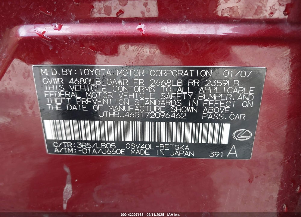 2007 LEXUS ES 350 VIN: JTHBJ46G172096462
