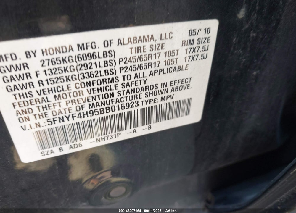 2011 HONDA PILOT TOURING VIN: 5FNYF4H95BB016923