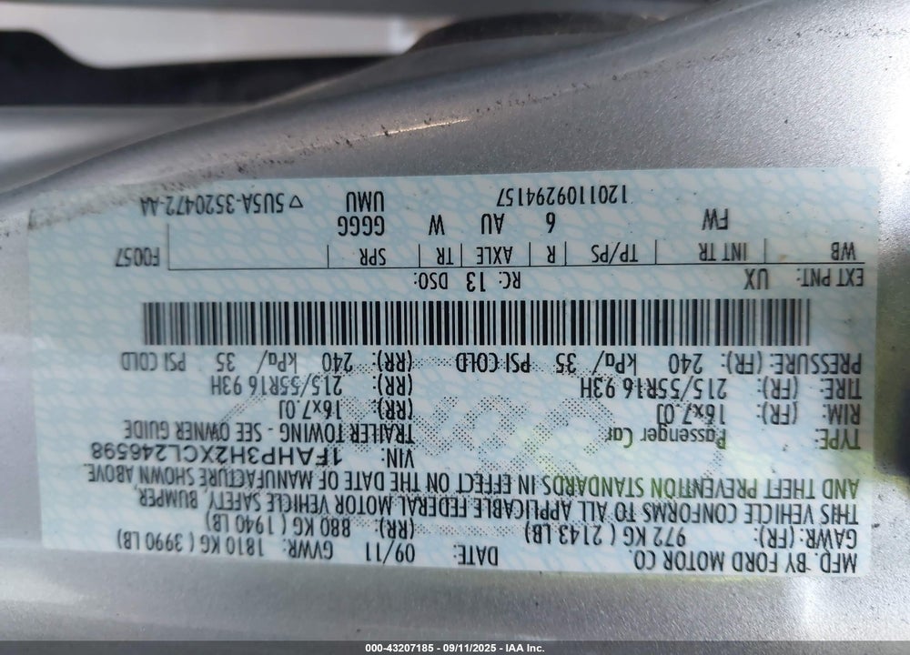 2012 FORD FOCUS VIN: 1FAHP3H2XCL246598