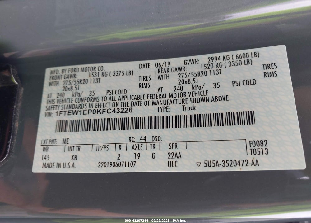 2019 FORD F-150 XLT VIN: 1FTEW1EP0KFC43226