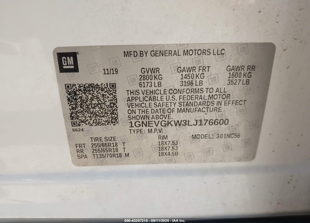 2020 CHEVROLET TRAVERSE VIN: 1GNEVGKW3LJ176600