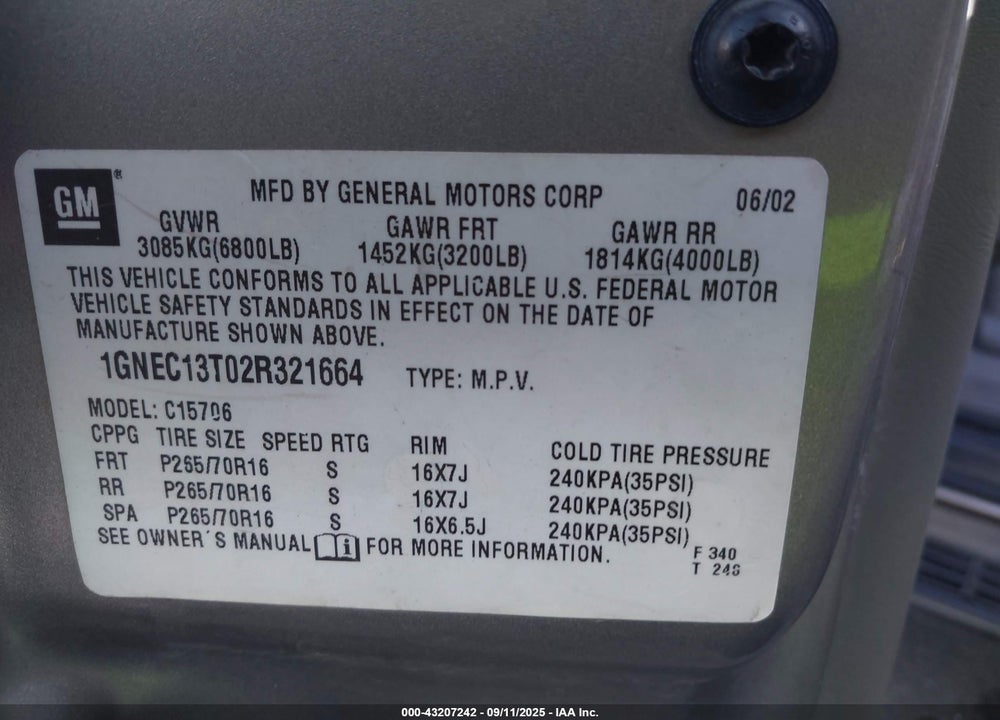 2002 CHEVROLET TAHOE LS VIN: 1GNEC13T02R321664