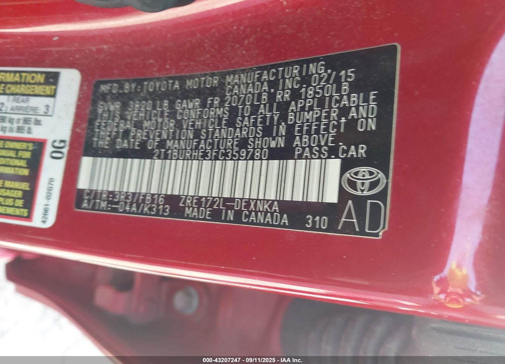2015 TOYOTA COROLLA VIN: 2T1BURHE3FC359780