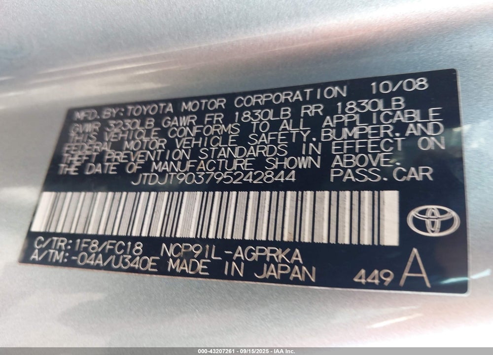 2009 TOYOTA YARIS VIN: JTDJT903795242844