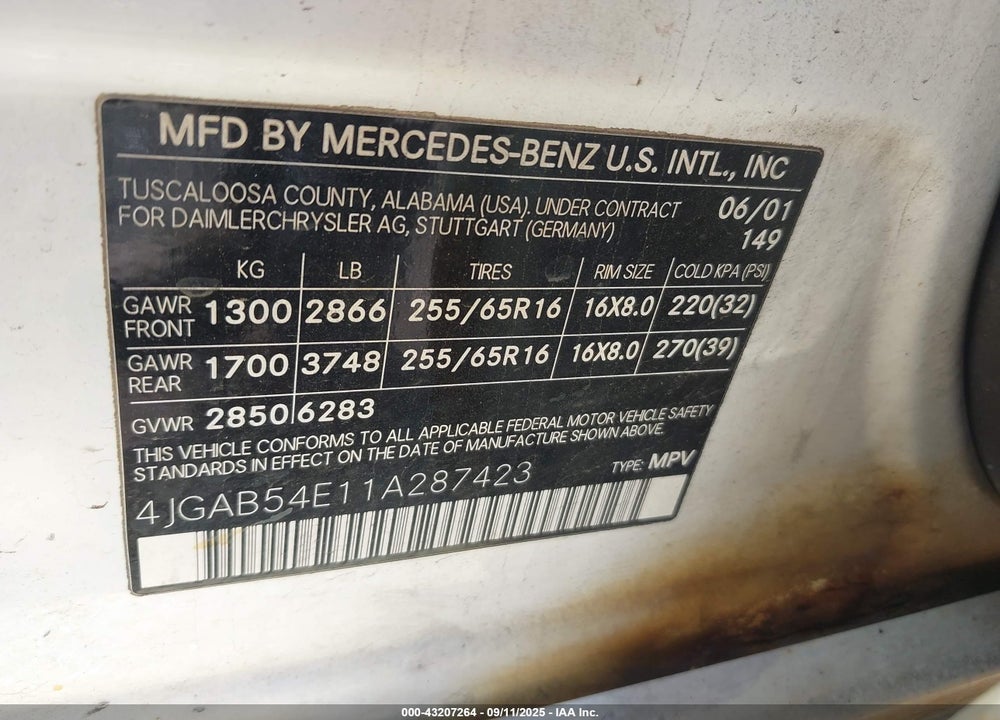 2001 MERCEDES-BENZ ML 320 VIN: 4JGAB54E11A287423