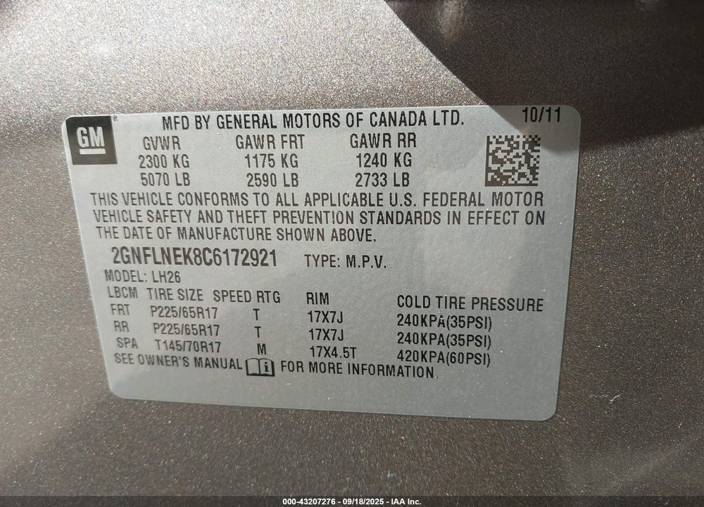 2012 CHEVROLET EQUINOX 2LT VIN: 2GNFLNEK8C6172921