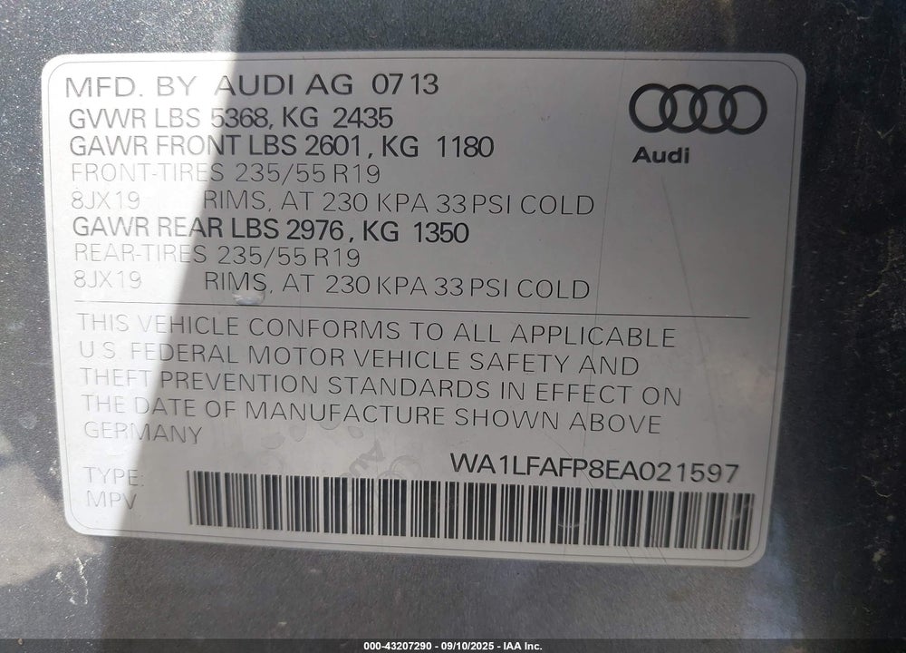 2014 AUDI Q5 VIN: WA1LFAFP8EA021597