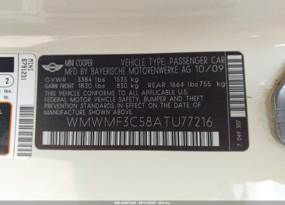 2010 MINI COOPER VIN: WMWMF3C58ATU77216