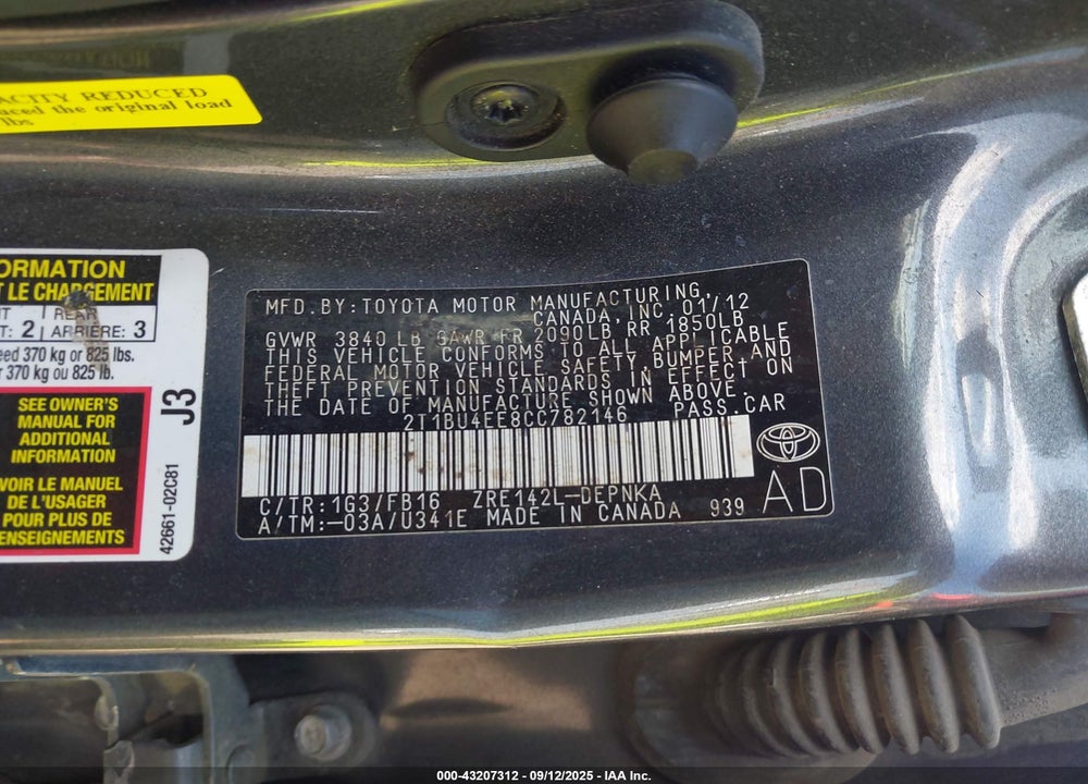 2012 TOYOTA COROLLA VIN: 2T1BU4EE8CC782146