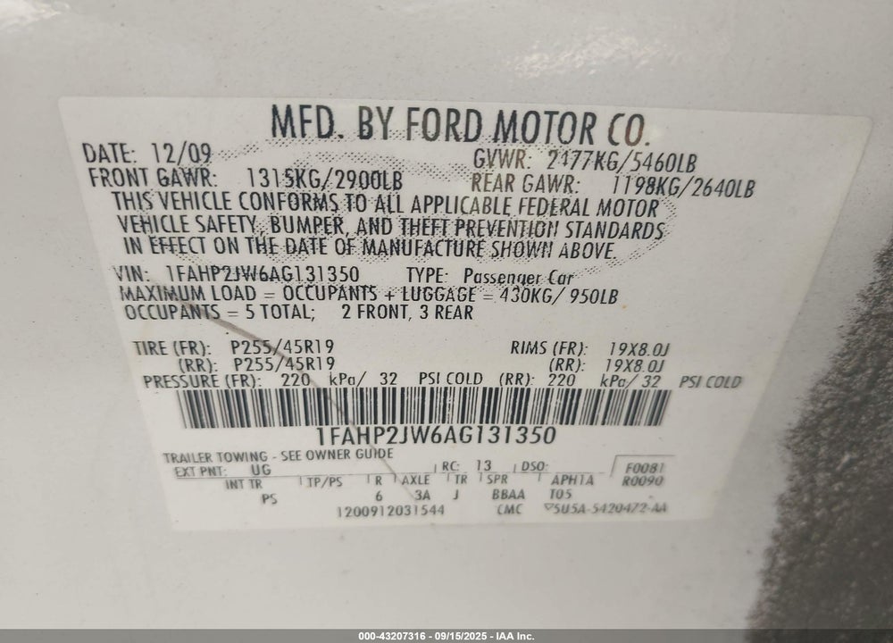 2010 FORD TAURUS VIN: 1FAHP2JW6AG131350