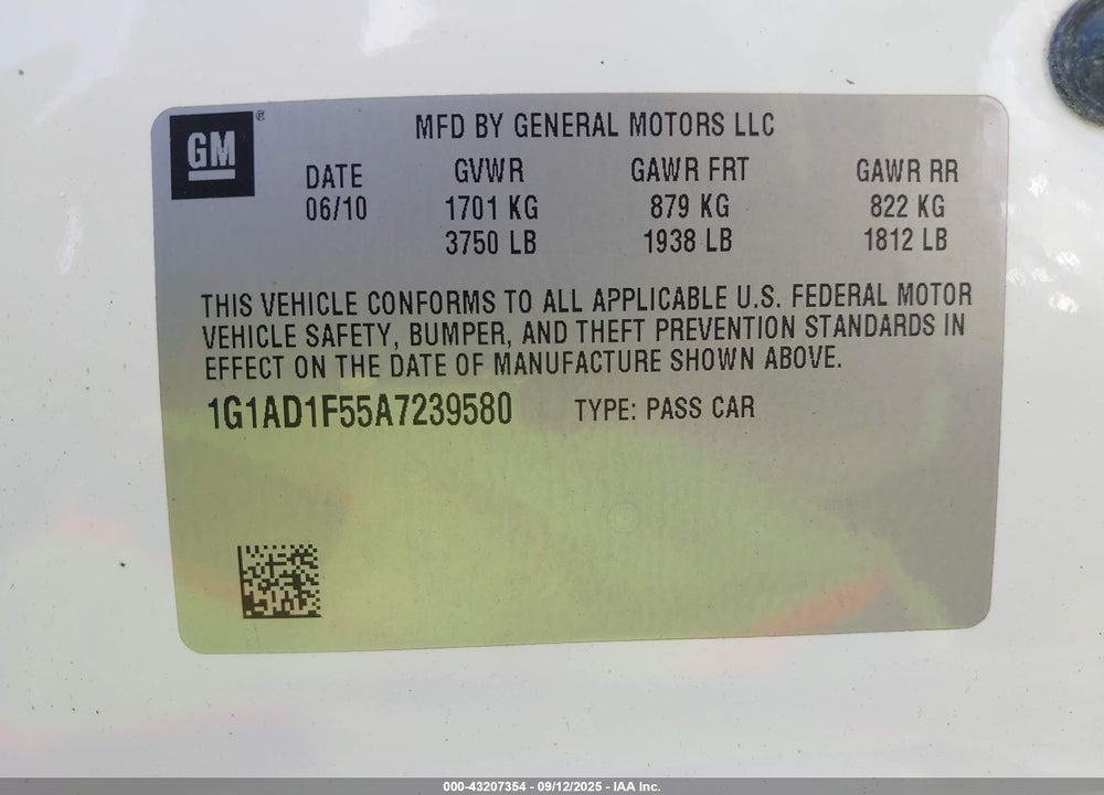 2010 CHEVROLET COBALT VIN: 1G1AD1F55A7239580