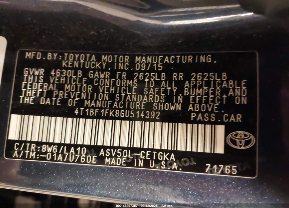 2016 TOYOTA CAMRY XLE VIN: 4T1BF1FK8GU514392