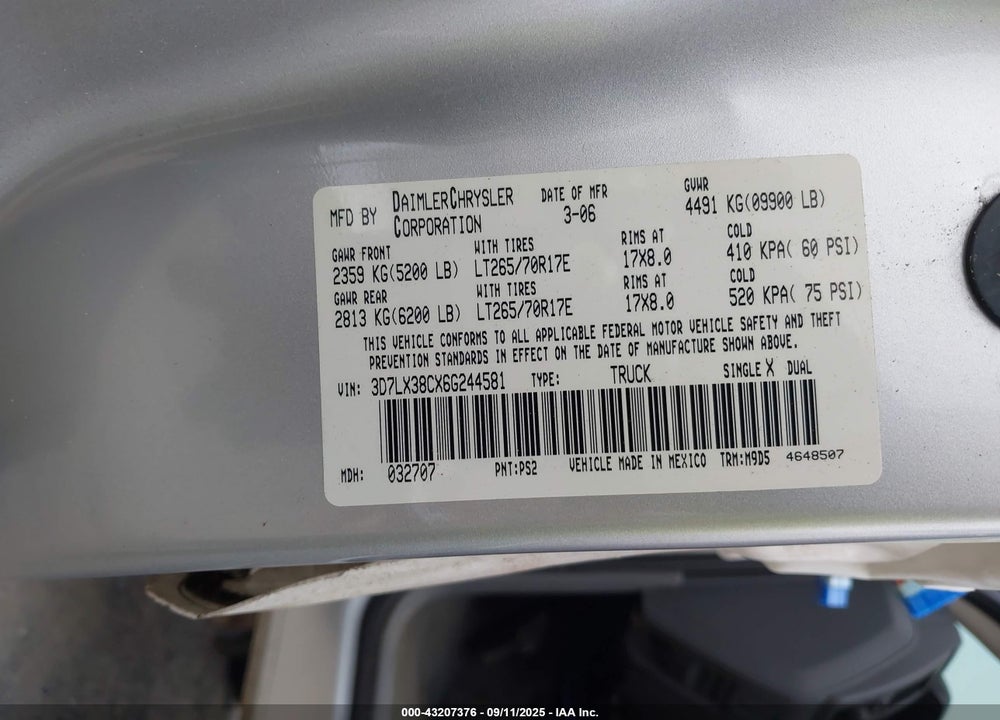 2006 DODGE RAM 3500 SLT/SPORT VIN: 3D7LX38CX6G244581