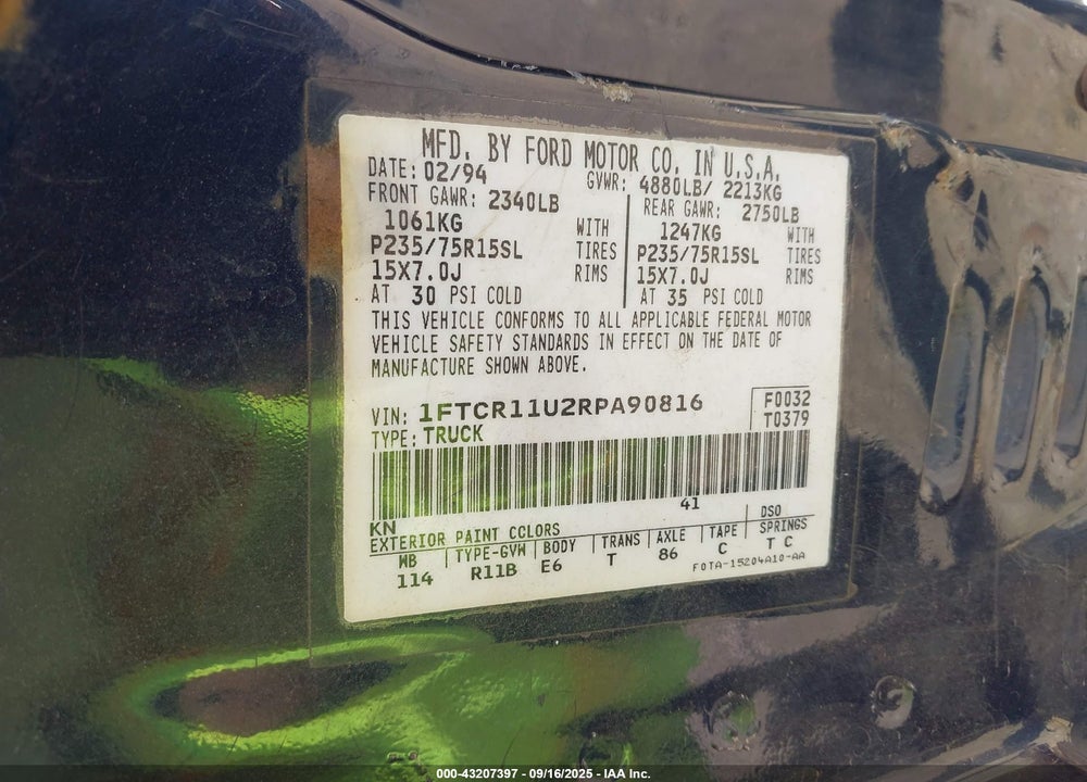1994 FORD RANGER VIN: 1FTCR11U2RPA90816