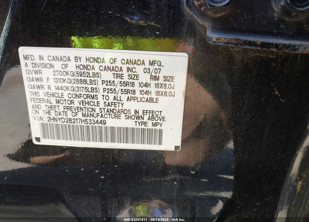 2007 ACURA MDX VIN: 2HNYD28217H533449