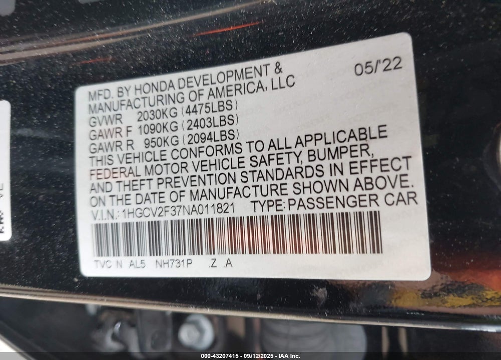 2022 HONDA ACCORD VIN: 1HGCV2F37NA011821