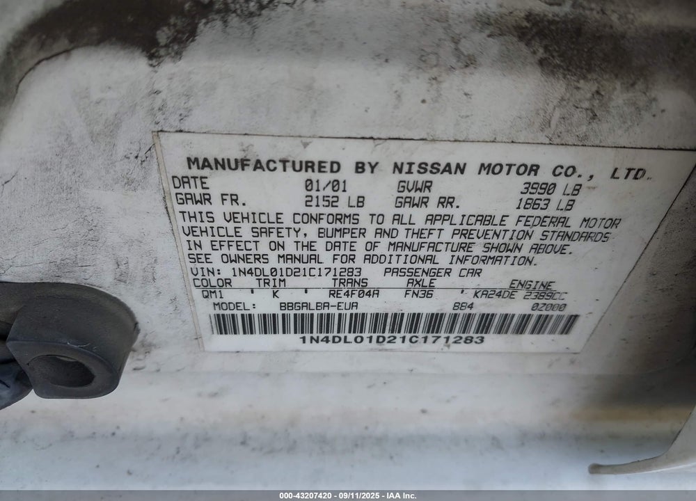 2001 NISSAN ALTIMA GXE VIN: 1N4DL01D21C171283