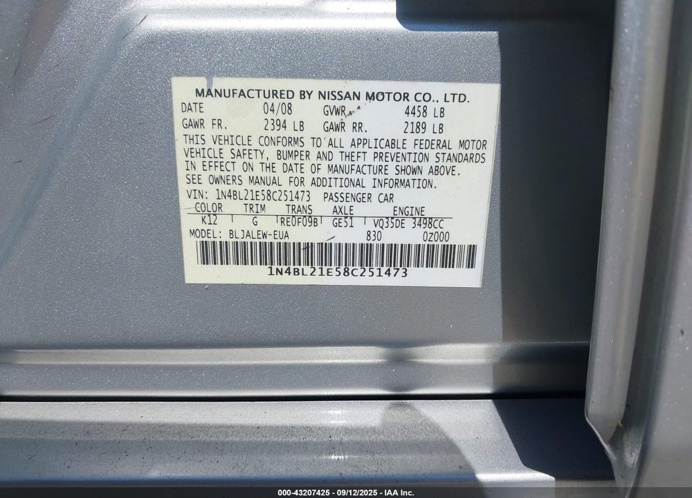 2008 NISSAN ALTIMA VIN: 1N4BL21E58C251473