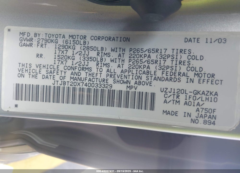 2004 LEXUS GX 470 VIN: JTJBT20X740033329
