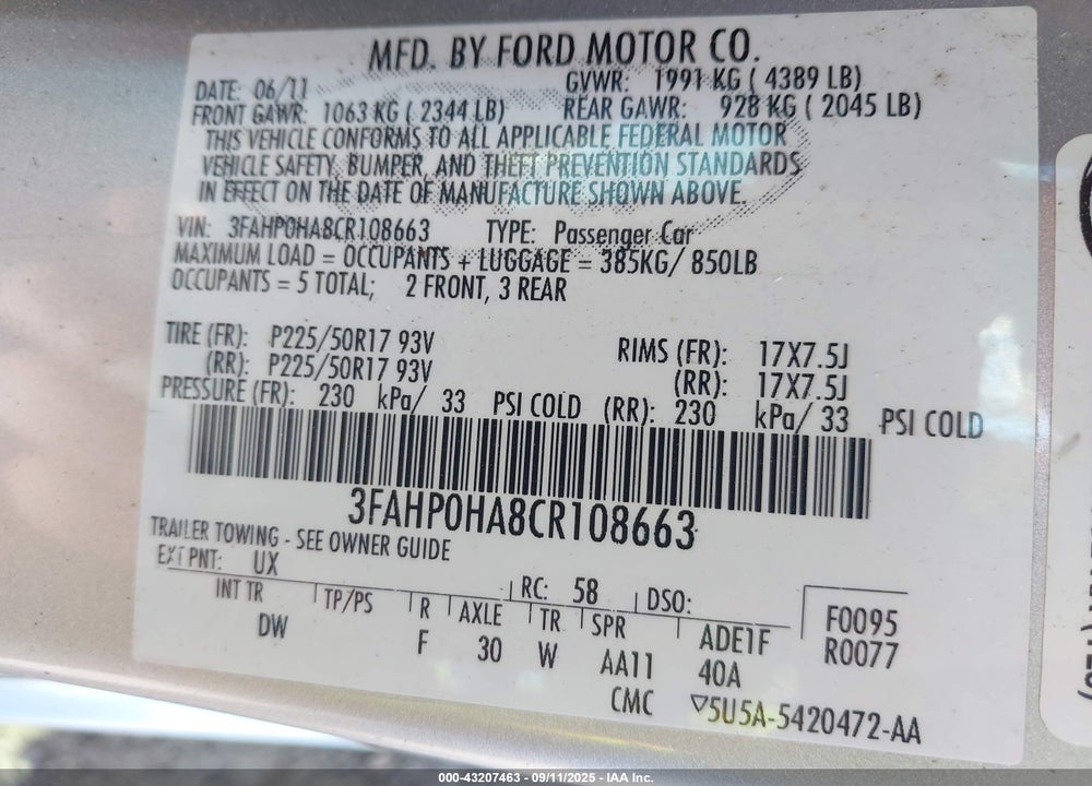 2012 FORD FUSION VIN: 3FAHP0HA8CR108663