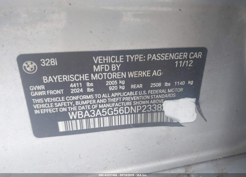 2013 BMW 3 SERIES VIN: WBA3A5G56DNP23382