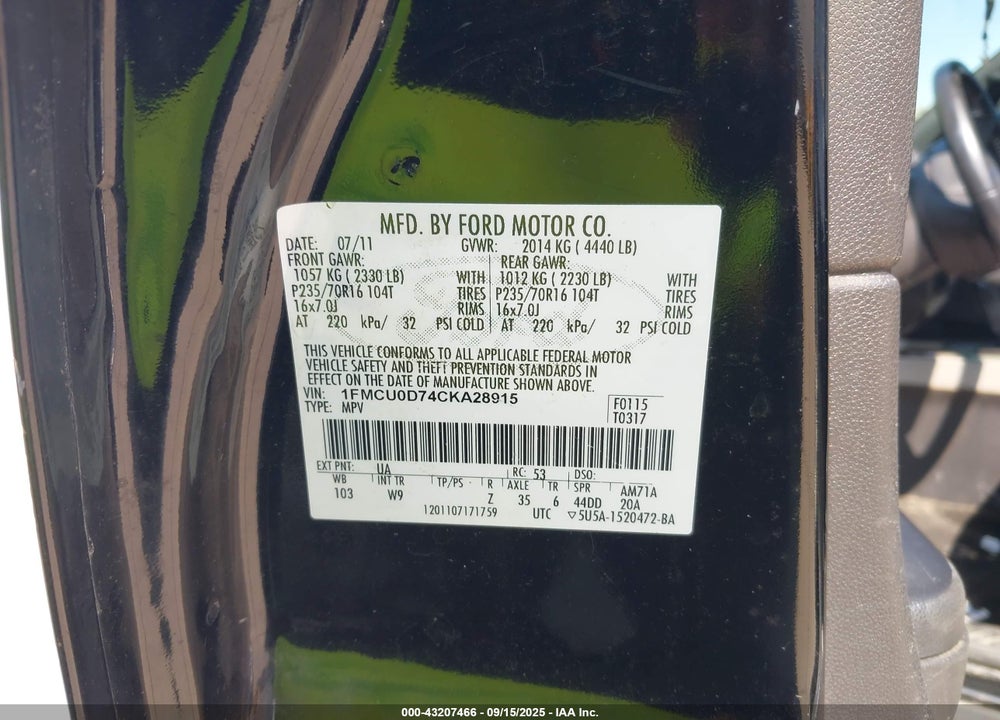 2012 FORD ESCAPE XLT VIN: 1FMCU0D74CKA28915