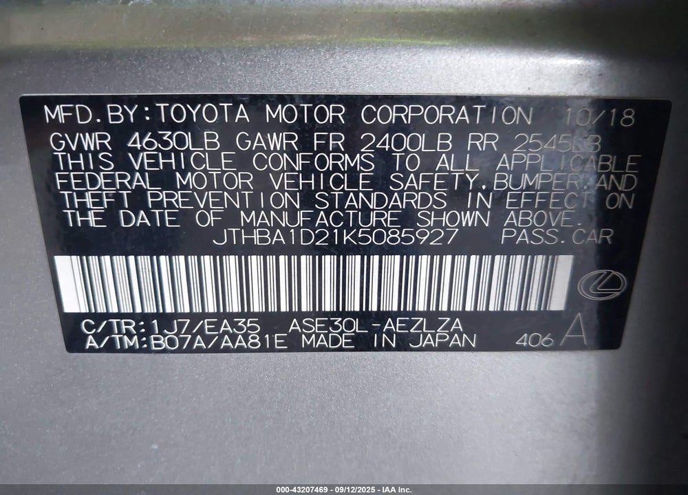 2019 LEXUS IS 300 VIN: JTHBA1D21K5085927