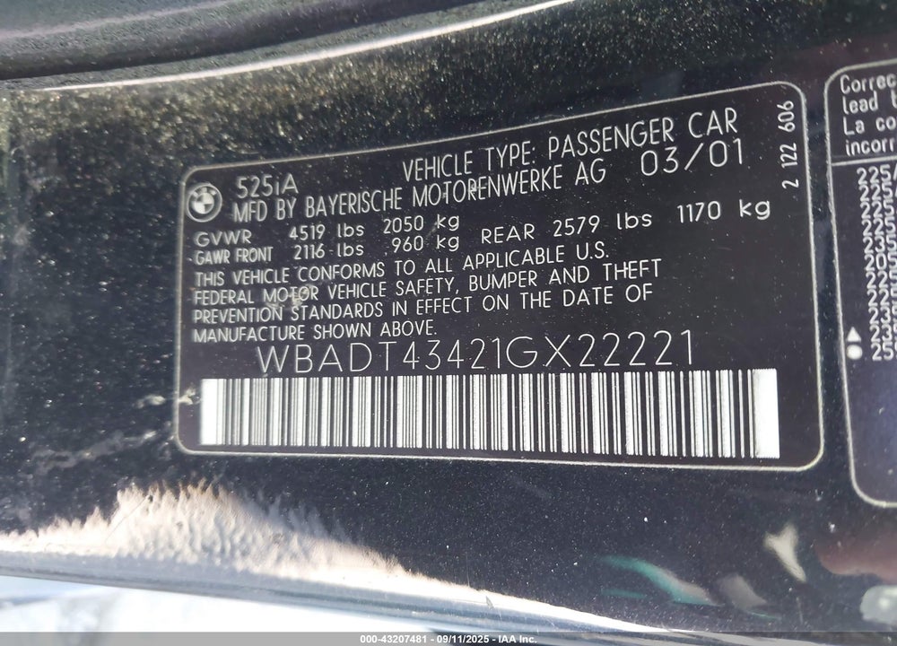 2001 BMW 525IA VIN: WBADT43421GX22221