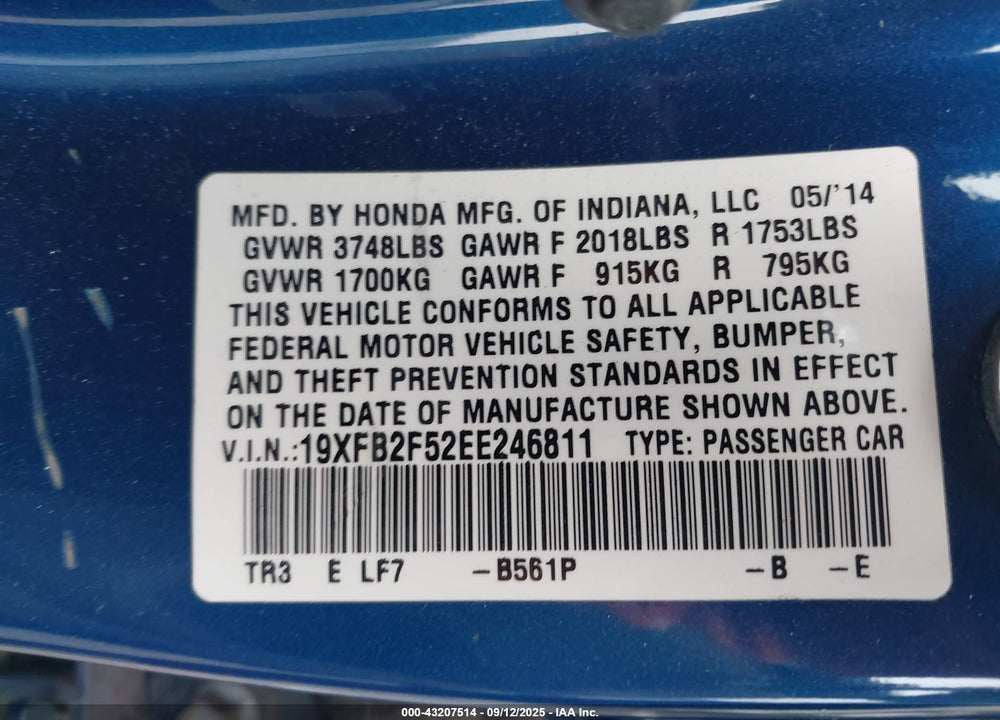 2014 HONDA CIVIC VIN: 19XFB2F52EE246811