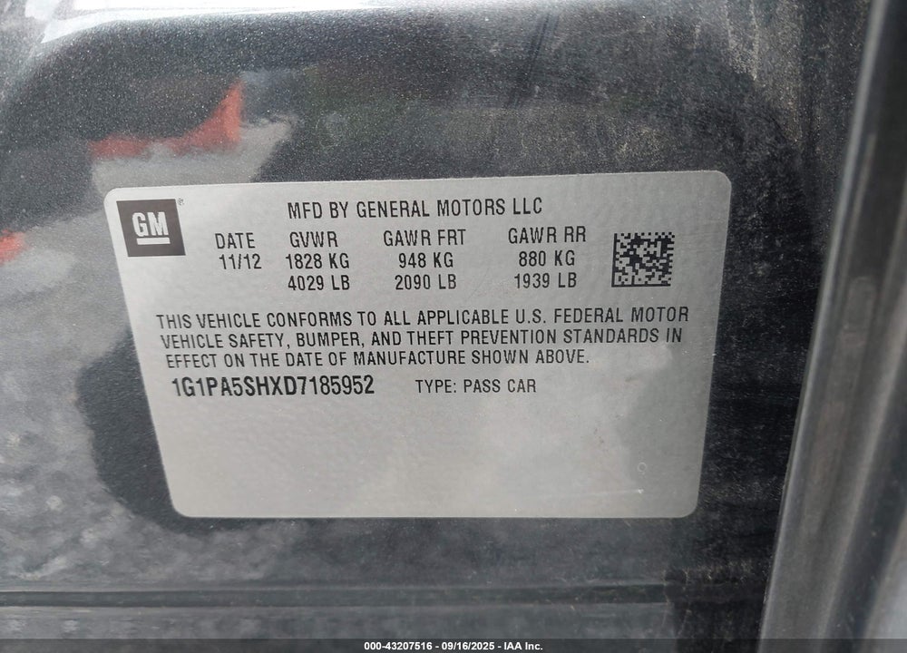 2013 CHEVROLET CRUZE VIN: 1G1PA5SHXD7185952