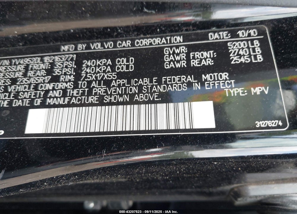 2011 VOLVO XC60 VIN: YV4952DL1B2163771