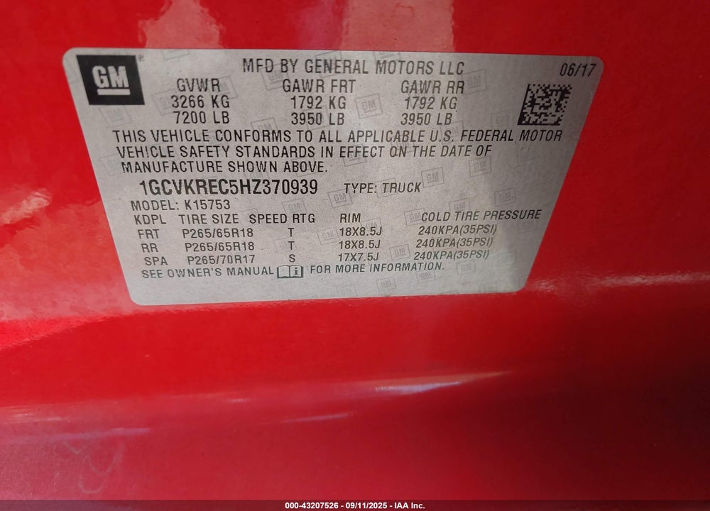 2017 CHEVROLET SILVERADO 1500 VIN: 1GCVKREC5HZ370939