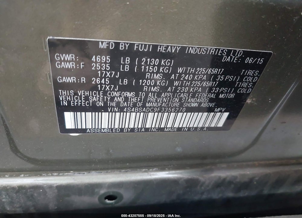 2015 SUBARU OUTBACK VIN: 4S4BSADC9F3356270