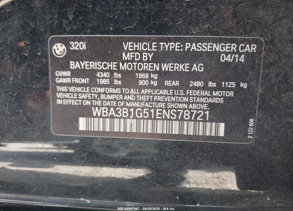 2014 BMW 3 SERIES VIN: WBA3B1G51ENS78721