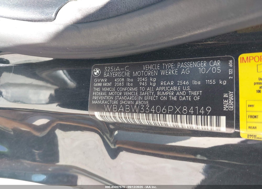 2006 BMW 3 SERIES VIN: WBABW33406PX84149