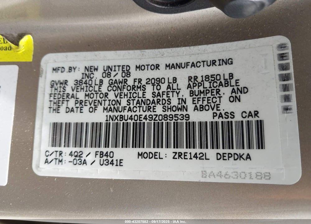 2009 TOYOTA COROLLA LE VIN: 1NXBU40E49Z089539