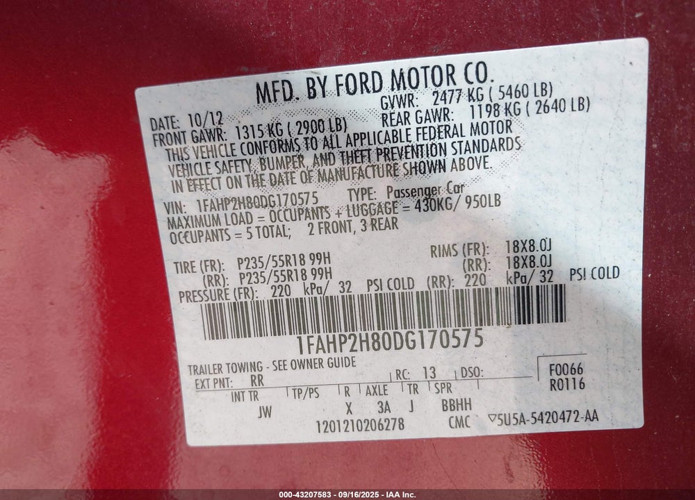 2013 FORD TAURUS VIN: 1FAHP2H80DG170575