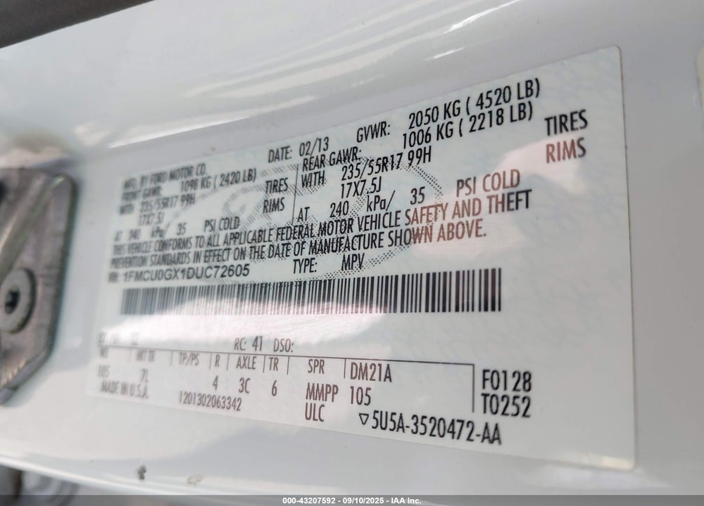 2013 FORD ESCAPE VIN: 1FMCU0GX1DUC72605