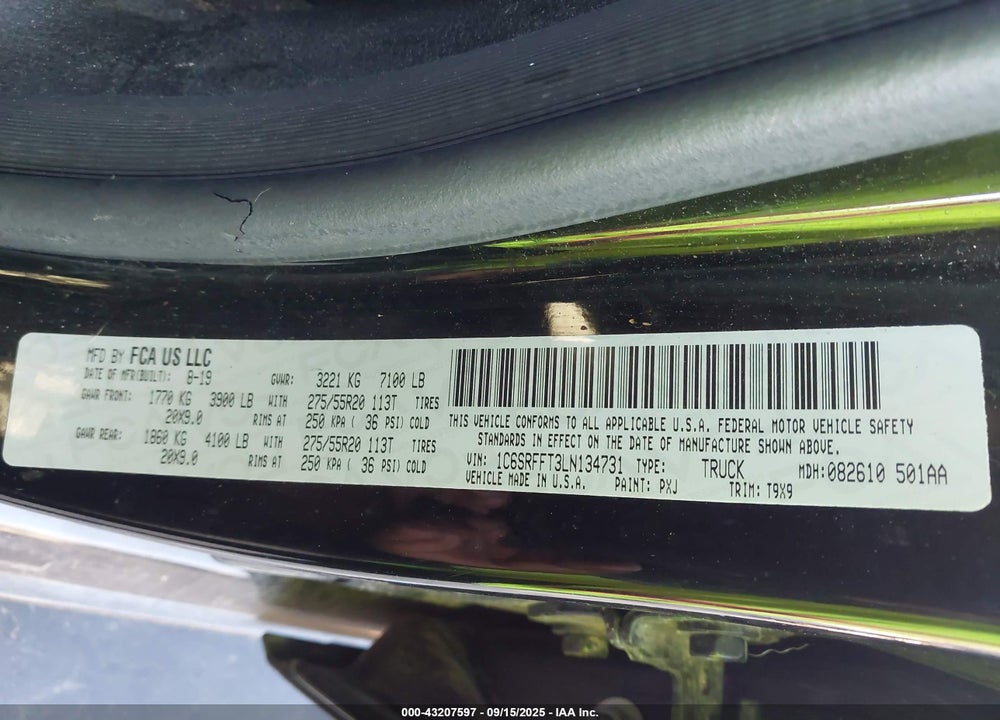 2020 RAM 1500 VIN: 1C6SRFFT3LN134731