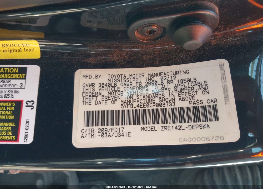 2012 TOYOTA COROLLA VIN: 5YFBU4EE0CP008733