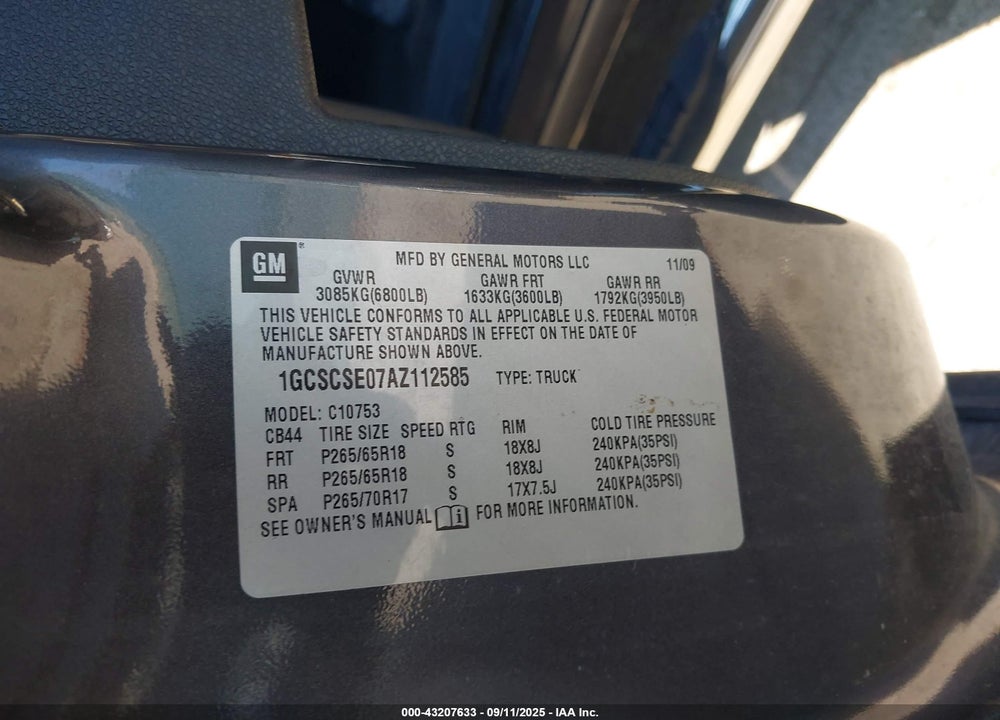2010 CHEVROLET SILVERADO 1500 VIN: 1GCSCSE07AZ112585