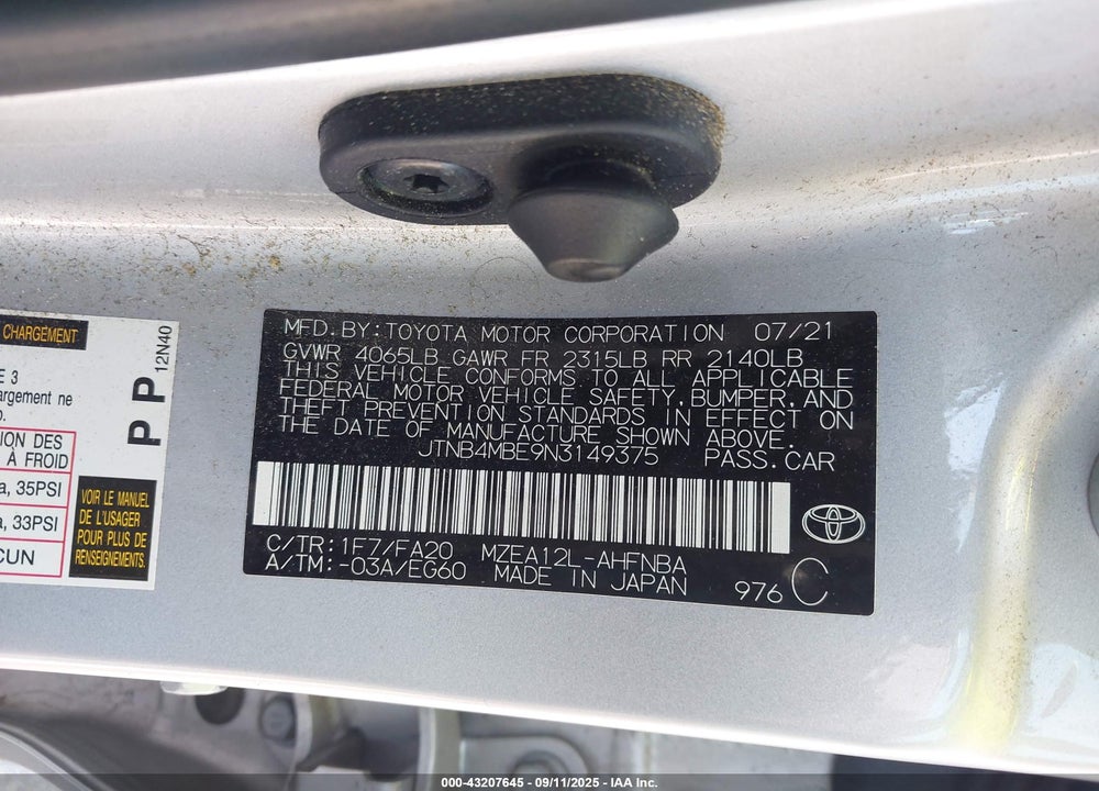 2022 TOYOTA COROLLA VIN: JTNB4MBE9N3149375
