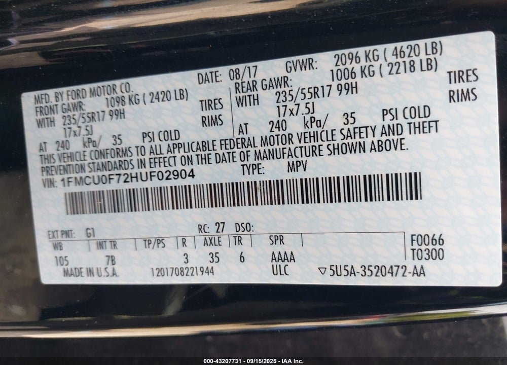 2017 FORD ESCAPE VIN: 1FMCU0F72HUF02904