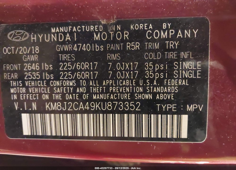2019 HYUNDAI TUCSON VIN: KM8J2CA49KU873352