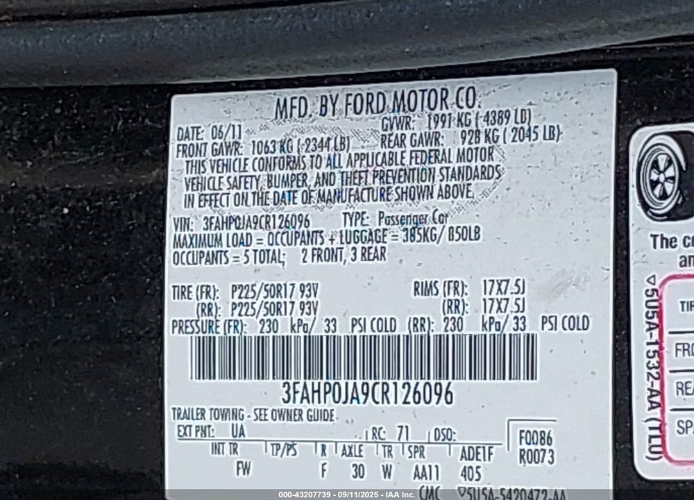 2012 FORD FUSION VIN: 3FAHP0JA9CR126096