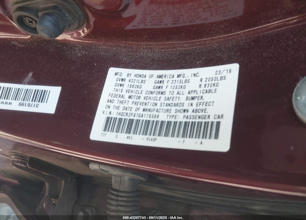 2016 HONDA ACCORD EX-L VIN: 1HGCR2F87GA179588