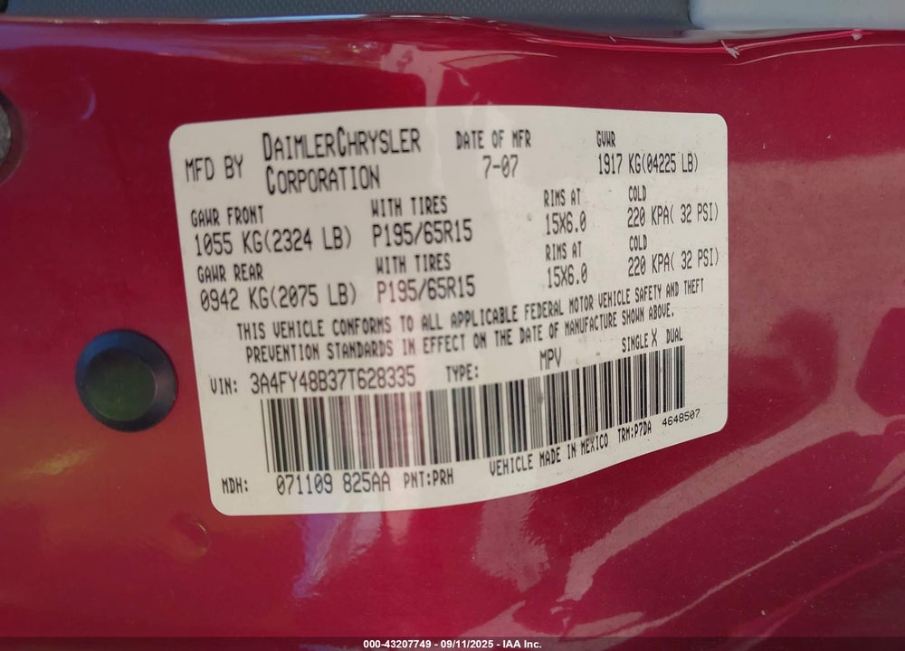 2007 CHRYSLER PT CRUISER VIN: 3A4FY48B37T628335
