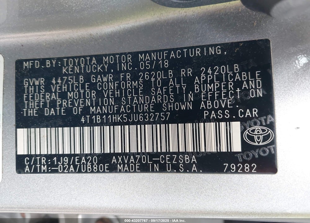 2018 TOYOTA CAMRY VIN: 4T1B11HK5JU632757